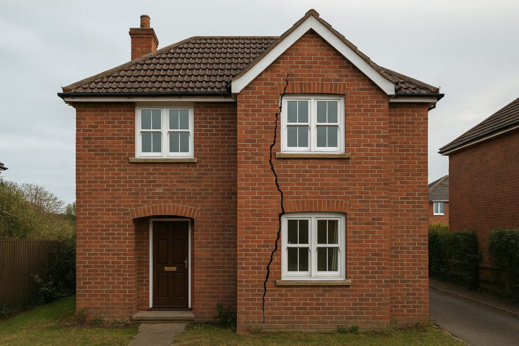 Red brick home with a severe wall crack illustrating potential building damage and the need for proper insurance cover.