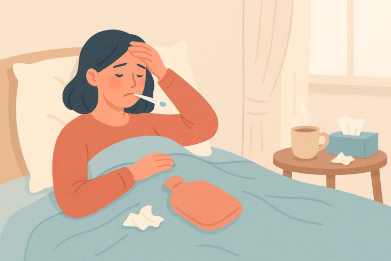 Illustration of a woman unwell in bed with a thermometer, cosy blankets, and tissues nearby, representing being off work due to illness and the need for income protection.